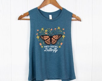 Butterfly Racerback Cropped Tank Workout Top Tshirt Introvert