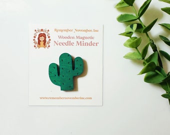 Cactus Needle Minder: Handmade Wooden Magnetic Needle Keeper, Brooch