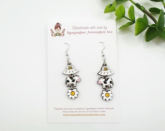 Hand Painted UFO Earrings: Birch Wood Alien Space Cow Jewelry
