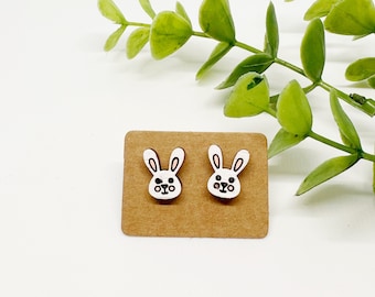Bunny Stud Earrings, Wood, Hand Painted, Spring Jewelry