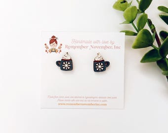 Christmas Stud Earrings, Hot coco, mug earrings, birch wood, hand painted