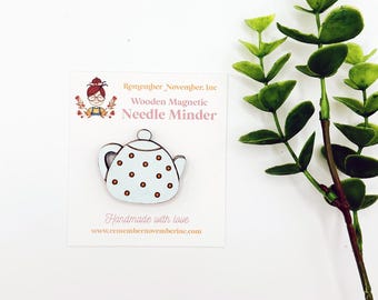 Teapot Needle Minder: Handmade Wooden Magnetic Needle Keeper, Brooch