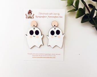 Hand-Painted Ghost Earrings: Birch Wood Halloween Dangles
