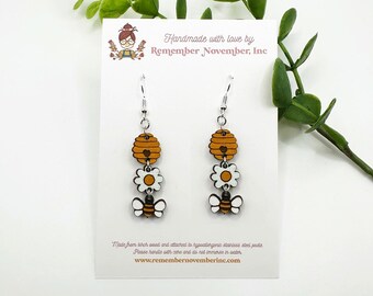 Hand Painted Bee Hive Earrings: Birch Wood