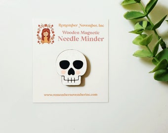 Skull Needle Minder: Handmade Wooden Magnetic Needle Keeper, Brooch
