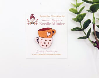 Handpainted Teacup Needle Minder: Handmade Wooden Magnetic Needle Keeper, Brooch