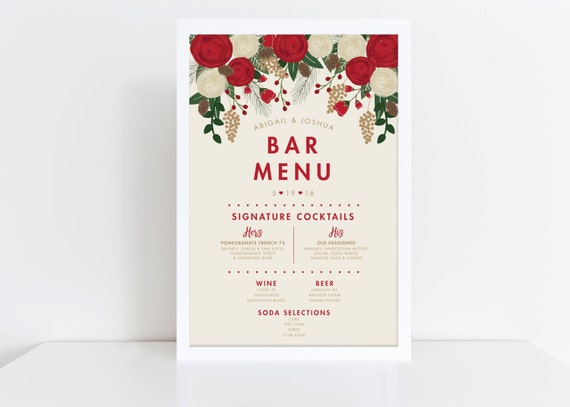 Bar Menu Sign Wedding Menu Reception Sign Christmas Wedding Etsy