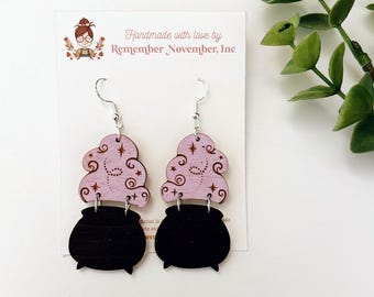 Cauldron Dangle Earrings, birch wood, hand painted, Halloween Earrings