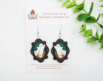Halloween Dangle Earrings, birch wood, hand painted, Ghost Earrings