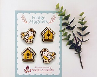 Handpainted Bird Fridge Magnets: Birch Wood, Set of 4
