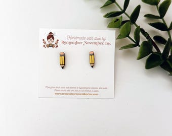 Hand-Painted Pencil Stud Earrings: Birch Wood Teacher Jewelry