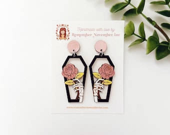Skeleton Rose Coffin Earrings: Hand-Painted Birch Halloween Jewelry