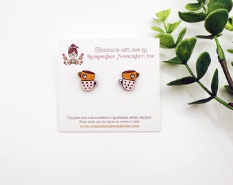 Handmade Coffee Mug Stud Earrings: Birch Wood, Stainless Steel