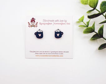 Hand Painted Coffee Mug Stud Earrings: Birch Wood, Stainless Steel