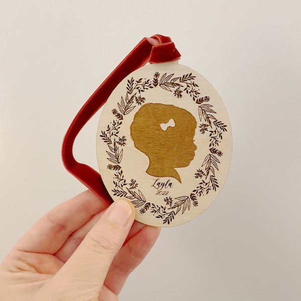 Silhouette ornament, Custom birch wood silhouette ornament, hand drawn, laser engraved