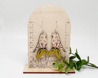 Bird Floral Dangle Earrings, birch wood, hand painted