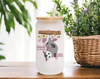 Opossum Glass Can Tumbler with Lid & Straw: Anxious Possum Iced Coffee Tumbler