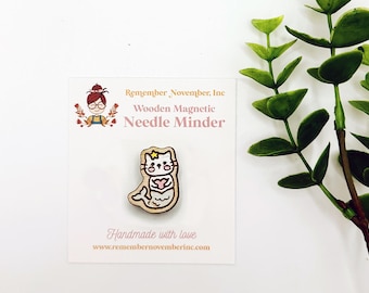 Handpainted Cat Mermaid Needle Minder: Handmade Wooden Magnetic Needle Keeper, Brooch