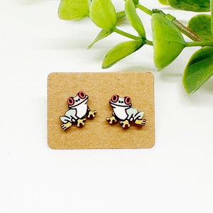 Frog Stud Earrings, Summer Earrings, Spring, handmade, birch wood, hand painted