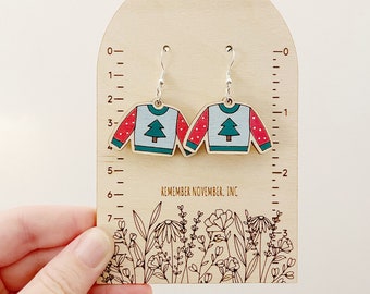 Ugly Sweater Dangle Earrings, birch wood, hand painted