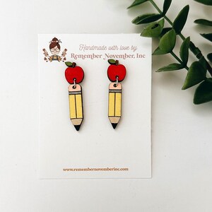 Pencil Earrings, Teacher Earrings, Back to School, Birch Wood, Handpainted