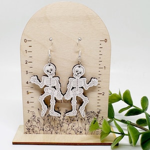 Skeleton Dangle Earrings, birch wood, hand painted, Halloween Earrings