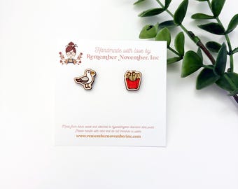 Seagull + Fries Stud Earrings, Food Earrings, Handmade Birch Wood, Hand Painted