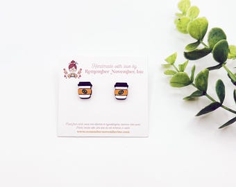 Handmade Coffee Cup Stud Earrings: Birch Wood, Stainless Steel