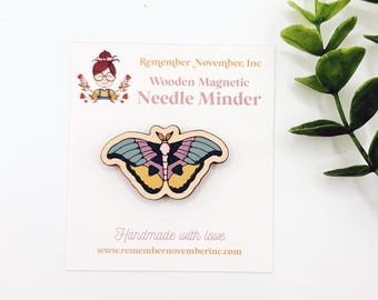 Handpainted Moth Needle Minder: Handmade Wooden Magnetic Needle Keeper, Brooch