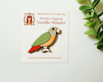 Parrot Needle Minder: Handmade Wooden Magnetic Needle Keeper, Brooch