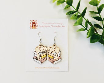Hand Painted Cat on Books Earrings: Birch Wood