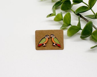 Conure Bird Stud Earrings, Hand-Painted Birch Wood, Stainless Steel