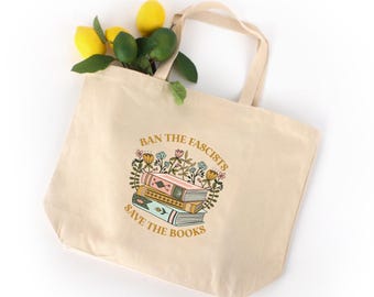 Book Stack Tote Bag: Ban Fascists, Save Books, Book Gift