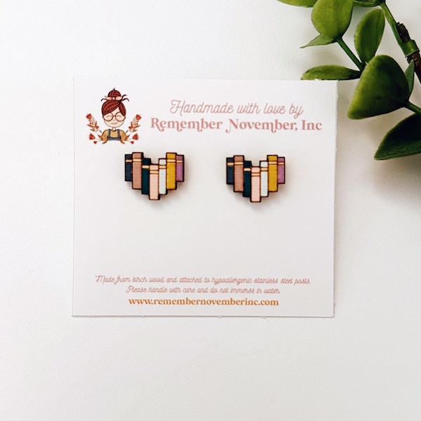 Hand-Painted Book Stack Stud Earrings: Birch Wood Literary Jewelry