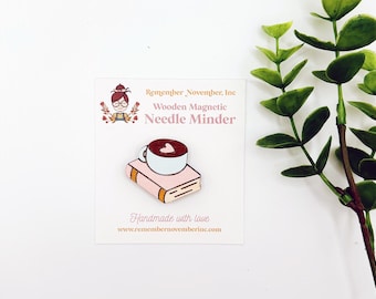 Book & Coffee Handmade Wooden Magnetic Needle Keeper, Brooch