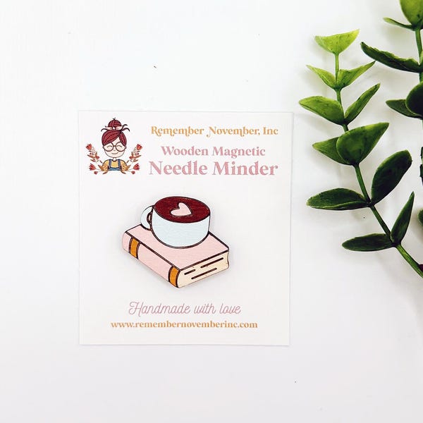 Book & Coffee Handmade Wooden Magnetic Needle Keeper, Brooch