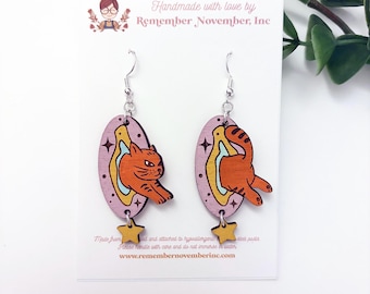 Cat Portal Earrings: Hand-Painted Birch Wood, Cosmic Cat Earrings
