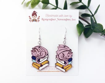Dragon Book Earrings: Hand-Painted Birch Wood Book Lover Jewelry