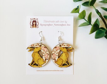 Hand Painted Birch Wood Rabbit Dangle Earrings