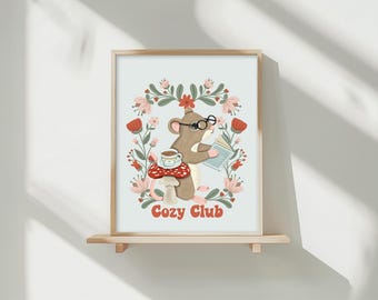 Reading Mouse Art Print: Floral Book Decor- Frame NOT included