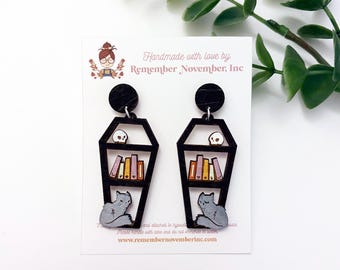 Haunted Bookshelf Earrings: Hand-Painted Birch Wood, Halloween Book Earrings