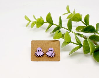 Hand Painted Octopus Stud Earrings, Birch Wood