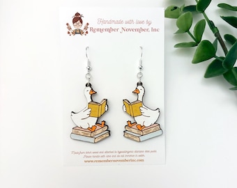 Reading Goose Dangle Earrings: Birch Wood, Stainless Steel, Hand Painted