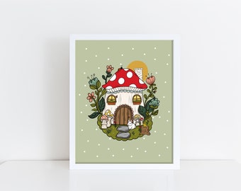 Mushroom House Art Print, Introvert Art, Social Anxiety - Frame NOT included
