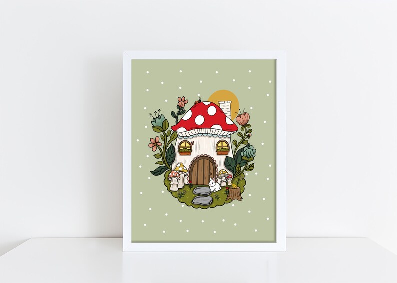 May include: A whimsical illustration of a mushroom house with a red and white roof, surrounded by green foliage and flowers. Two small mushrooms are in front of the house, and a white rabbit sits on the steps.