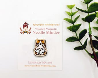Cat Book Needle Minder: Handmade Wooden Magnetic Needle Keeper, Brooch