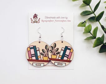 Hand Painted Birch Wood Book Shelf Earrings: Book Lover Gift