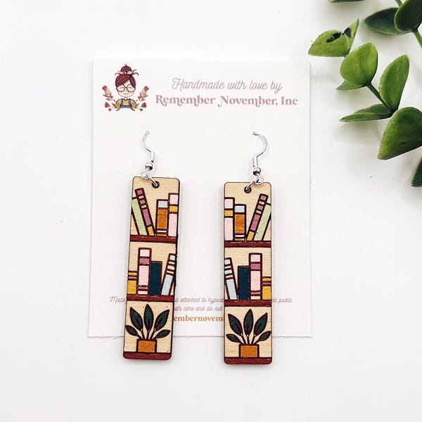 Hand Painted Birch Wood Book Shelf Earrings: Book Lover Gift