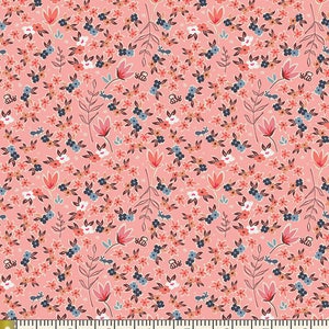May include: A pink fabric with a repeating pattern of small flowers, leaves, and bees. The fabric is measured in inches.