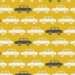 以下が含まれることがあります： 黄色の背景に白い車が繰り返しパターンで並んでいます。各行に1台ずつ黒い車が際立っています。